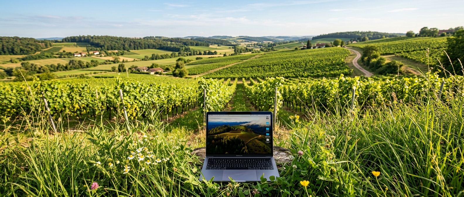 Weinberge an der Weinstraße im Morgenlicht, darüber eingezeichnete Datenverbindungen